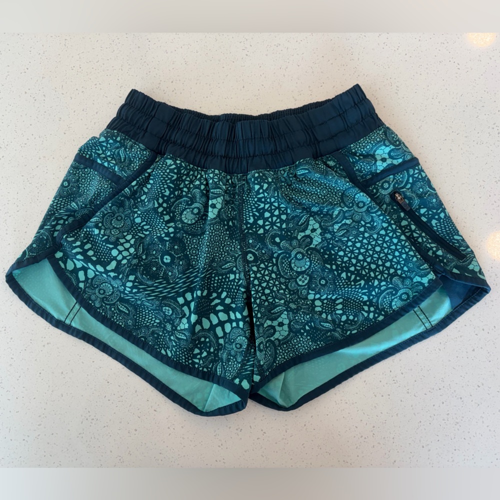 Lululemon Navy & Aqua Patterned Hotty Hot Low-Rise Lined Shorts - 4”
